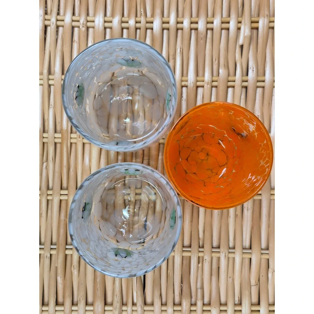 Halloween Hand Blown Confetti Art Glass Tumblers Frankenstein Bat Set of 3 Decor
